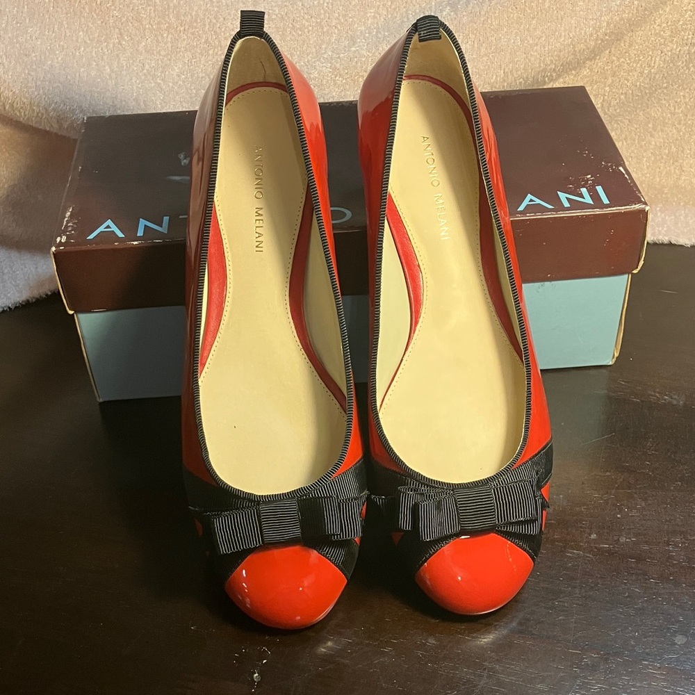 ANTONIO MELANI Red Patent Flats with Black Ribbon Accent